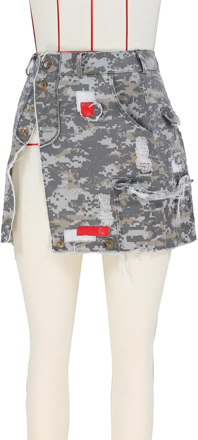Women Mini Skirt Camo Cargo Skirt Sexy High Split Mini Skirt for Women Novelty Skirts Denim Skirt