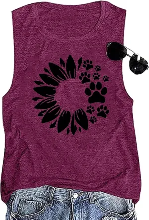 Women Sunflower Dog Paws Graphic Tank Top Sleeveless Summer Cute Tops Casual Vacation Shirts