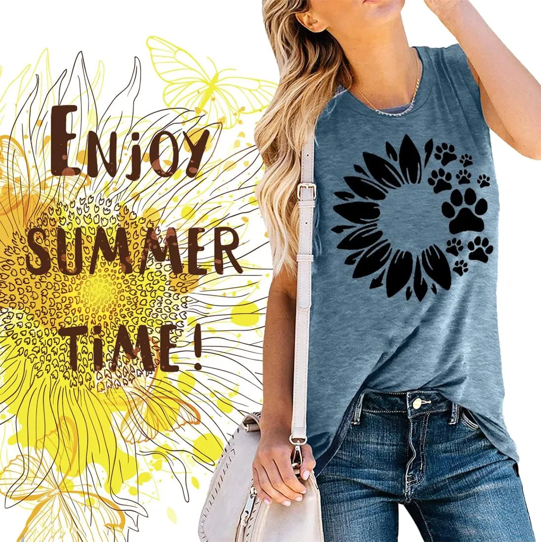 Women Sunflower Dog Paws Graphic Tank Top Sleeveless Summer Cute Tops Casual Vacation Shirts