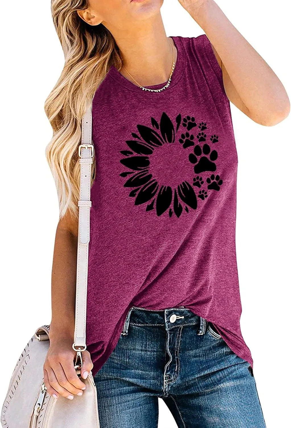 Women Sunflower Dog Paws Graphic Tank Top Sleeveless Summer Cute Tops Casual Vacation Shirts