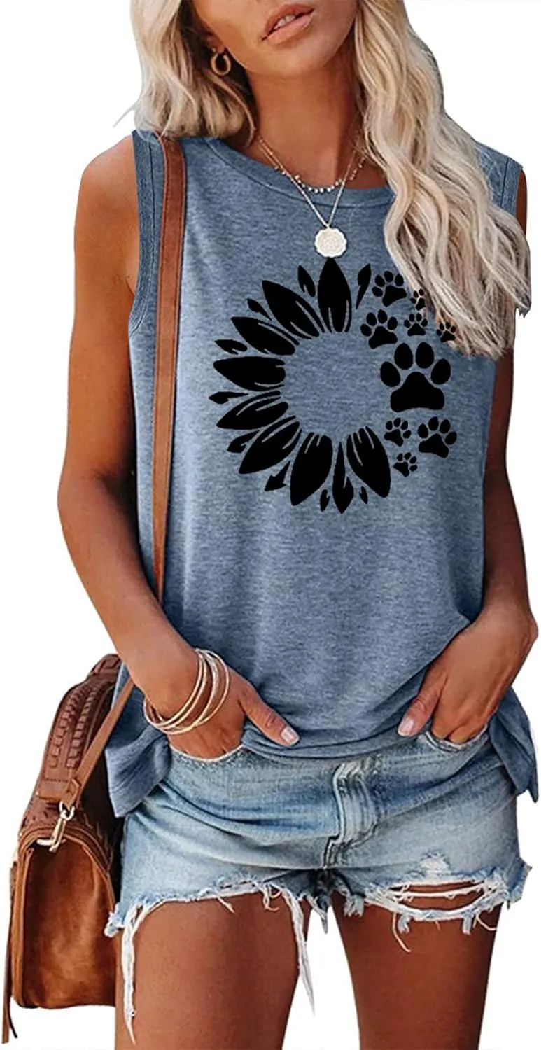 Women Sunflower Dog Paws Graphic Tank Top Sleeveless Summer Cute Tops Casual Vacation Shirts