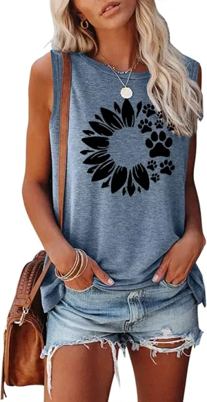 Women Sunflower Dog Paws Graphic Tank Top Sleeveless Summer Cute Tops Casual Vacation Shirts