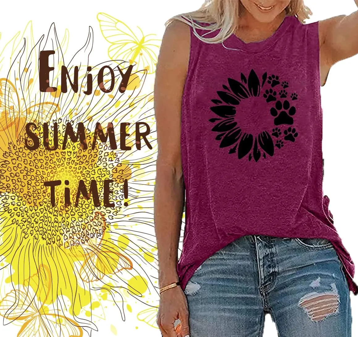 Women Sunflower Dog Paws Graphic Tank Top Sleeveless Summer Cute Tops Casual Vacation Shirts
