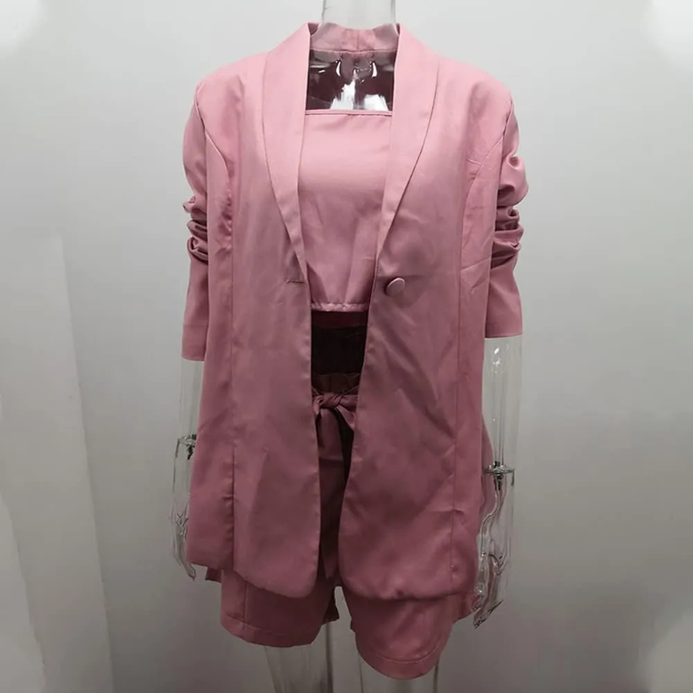 Women Three Piece Blazer Suit Long Sleeve Open Front Blazer Coat Crop Top High Waist Belted Shorts Ladies Suit Sets