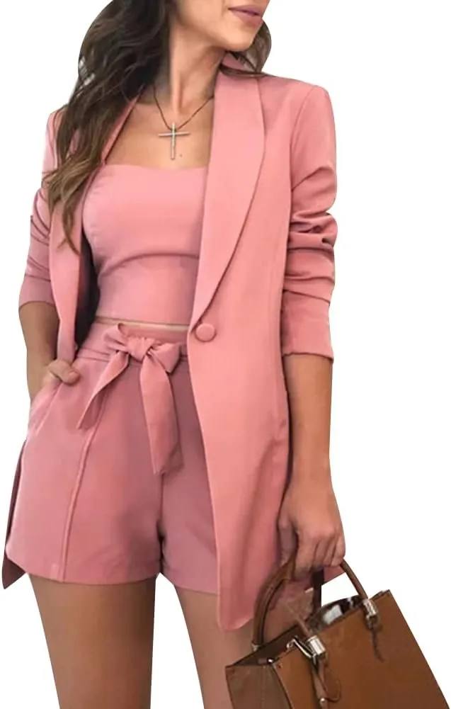 Women Three Piece Blazer Suit Long Sleeve Open Front Blazer Coat Crop Top High Waist Belted Shorts Ladies Suit Sets