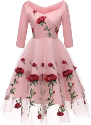 Women Vintage 1950s Embroidered Off Shoulder 3/4 Sleeves Flower Rose Wedding Cocktail Party Swing Gatsby Evening Short Gown
