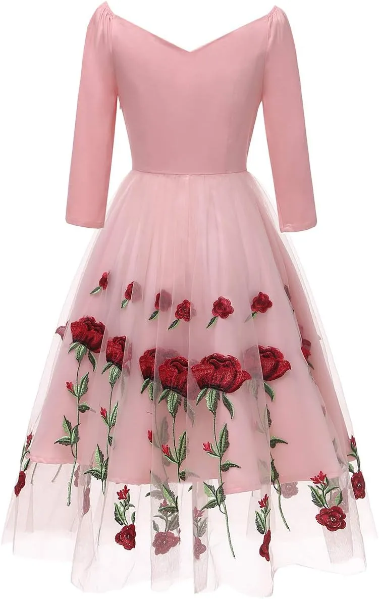 Women Vintage 1950s Embroidered Off Shoulder 3/4 Sleeves Flower Rose Wedding Cocktail Party Swing Gatsby Evening Short Gown