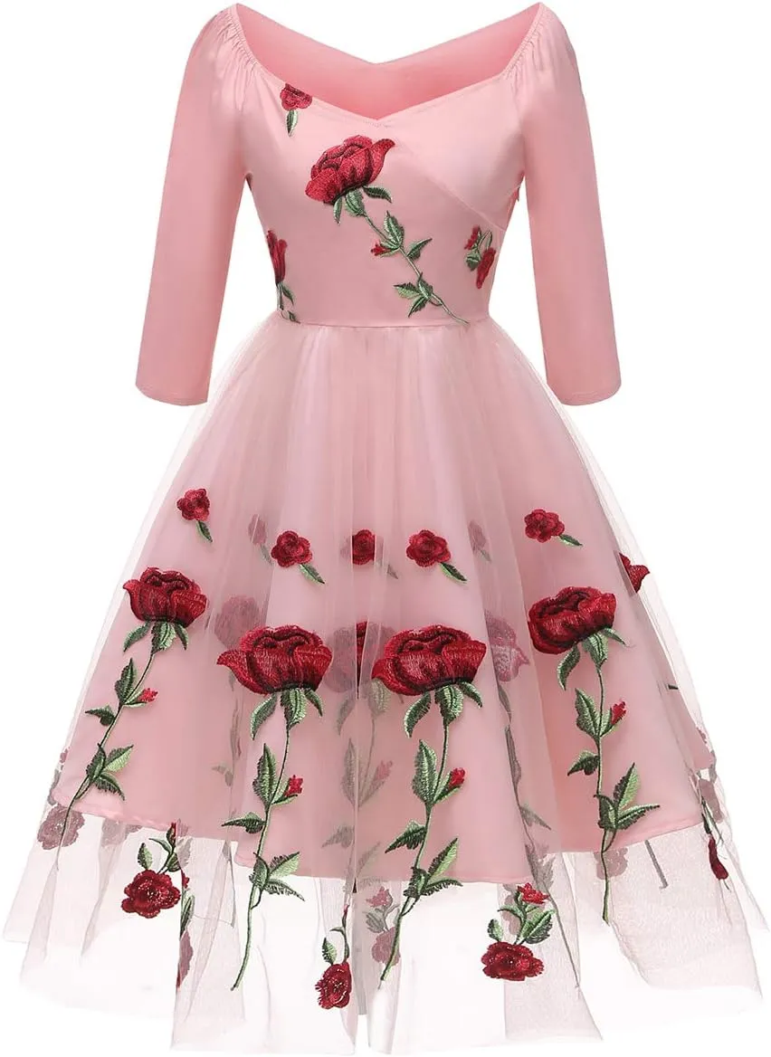 Women Vintage 1950s Embroidered Off Shoulder 3/4 Sleeves Flower Rose Wedding Cocktail Party Swing Gatsby Evening Short Gown