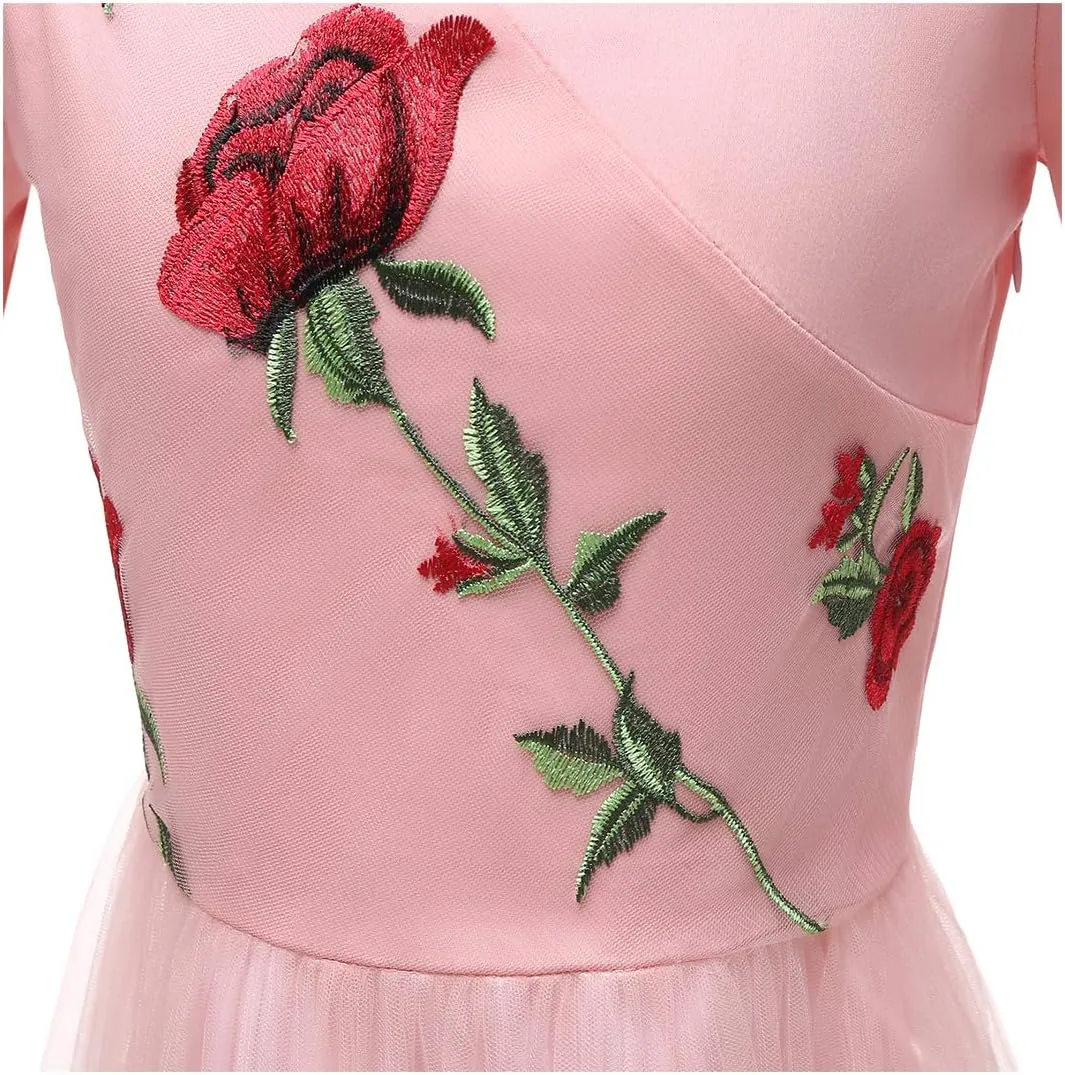 Women Vintage 1950s Embroidered Off Shoulder 3/4 Sleeves Flower Rose Wedding Cocktail Party Swing Gatsby Evening Short Gown