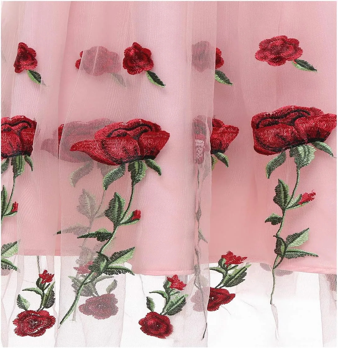 Women Vintage 1950s Embroidered Off Shoulder 3/4 Sleeves Flower Rose Wedding Cocktail Party Swing Gatsby Evening Short Gown