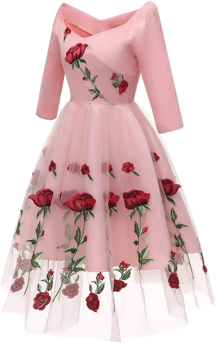 Women Vintage 1950s Embroidered Off Shoulder 3/4 Sleeves Flower Rose Wedding Cocktail Party Swing Gatsby Evening Short Gown