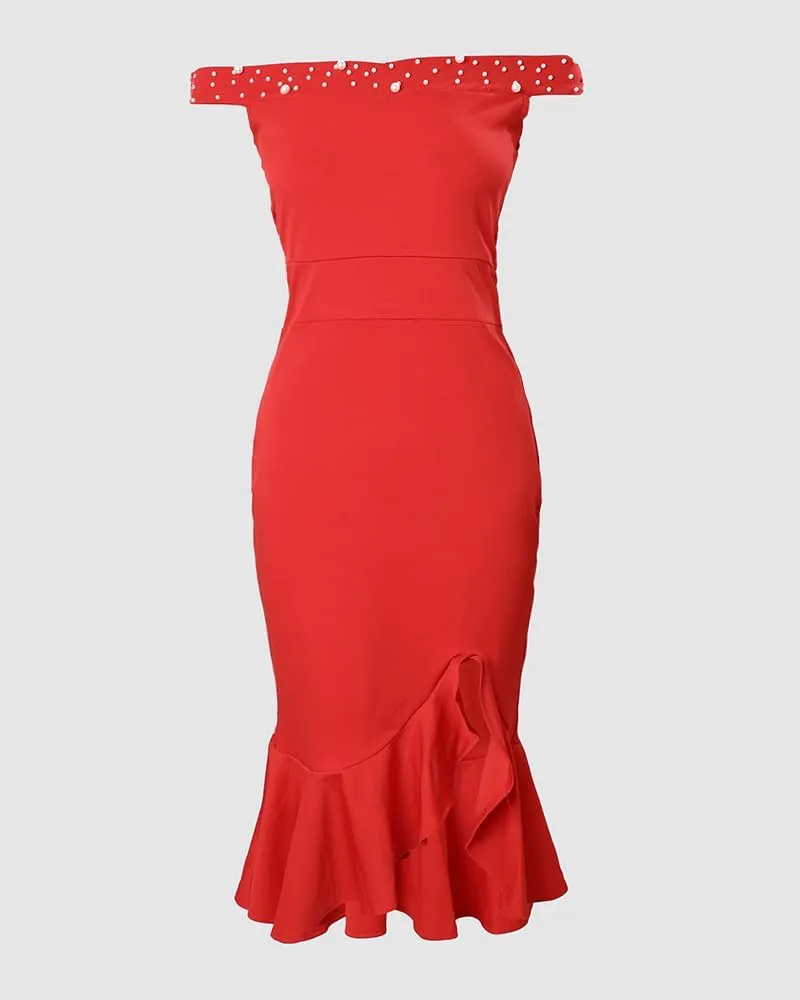 Womens Beaded Details Night Out Dress Off The Shoulder Bodycon Dress Ruffle Hem Split Cocktail Party Midi Dresses