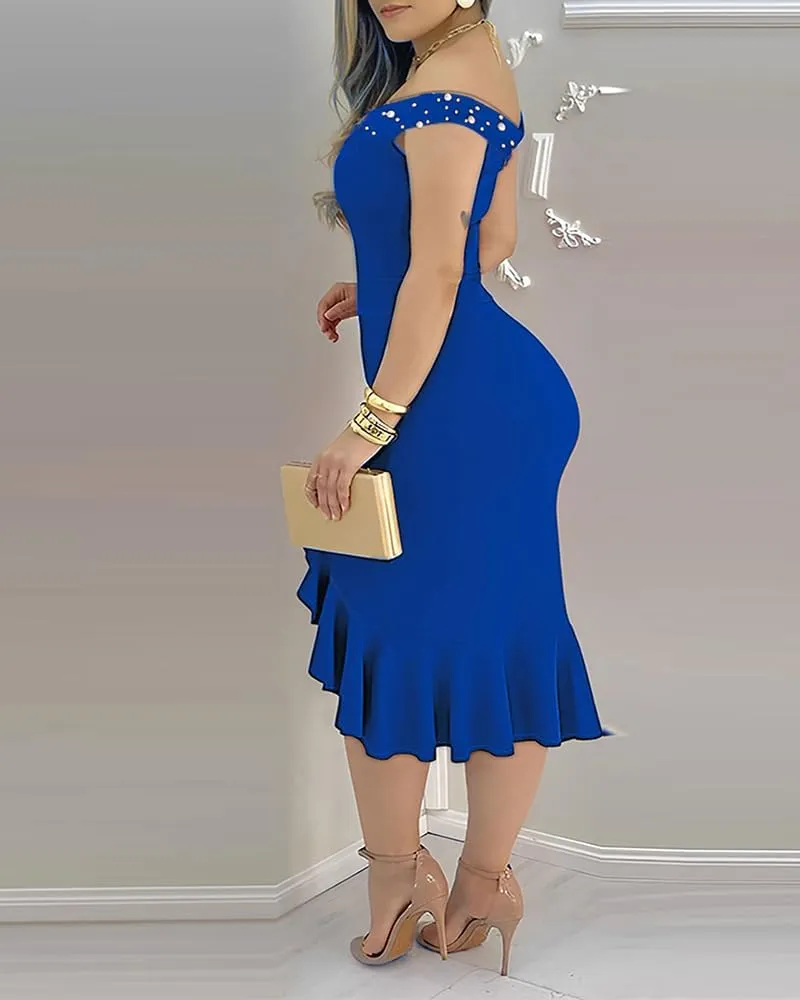 Womens Beaded Details Night Out Dress Off The Shoulder Bodycon Dress Ruffle Hem Split Cocktail Party Midi Dresses