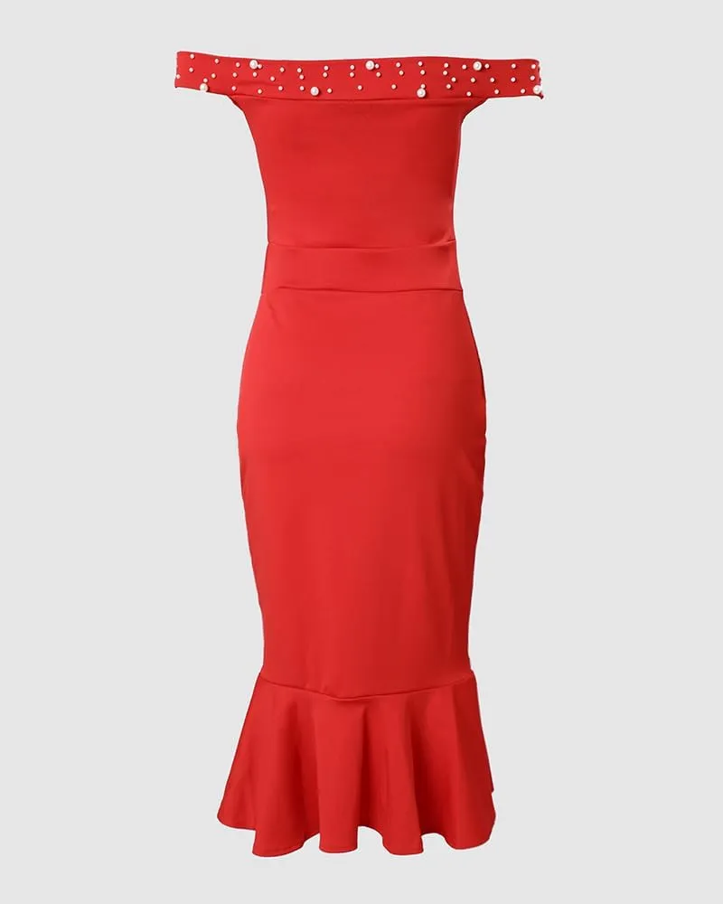 Womens Beaded Details Night Out Dress Off The Shoulder Bodycon Dress Ruffle Hem Split Cocktail Party Midi Dresses
