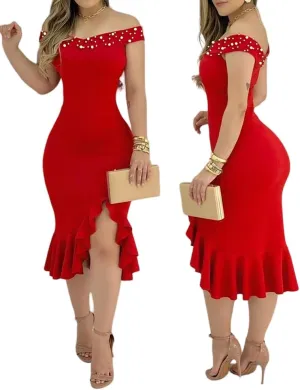 Womens Beaded Details Night Out Dress Off The Shoulder Bodycon Dress Ruffle Hem Split Cocktail Party Midi Dresses