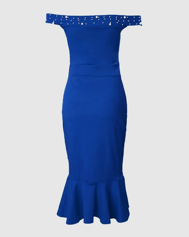 Womens Beaded Details Night Out Dress Off The Shoulder Bodycon Dress Ruffle Hem Split Cocktail Party Midi Dresses