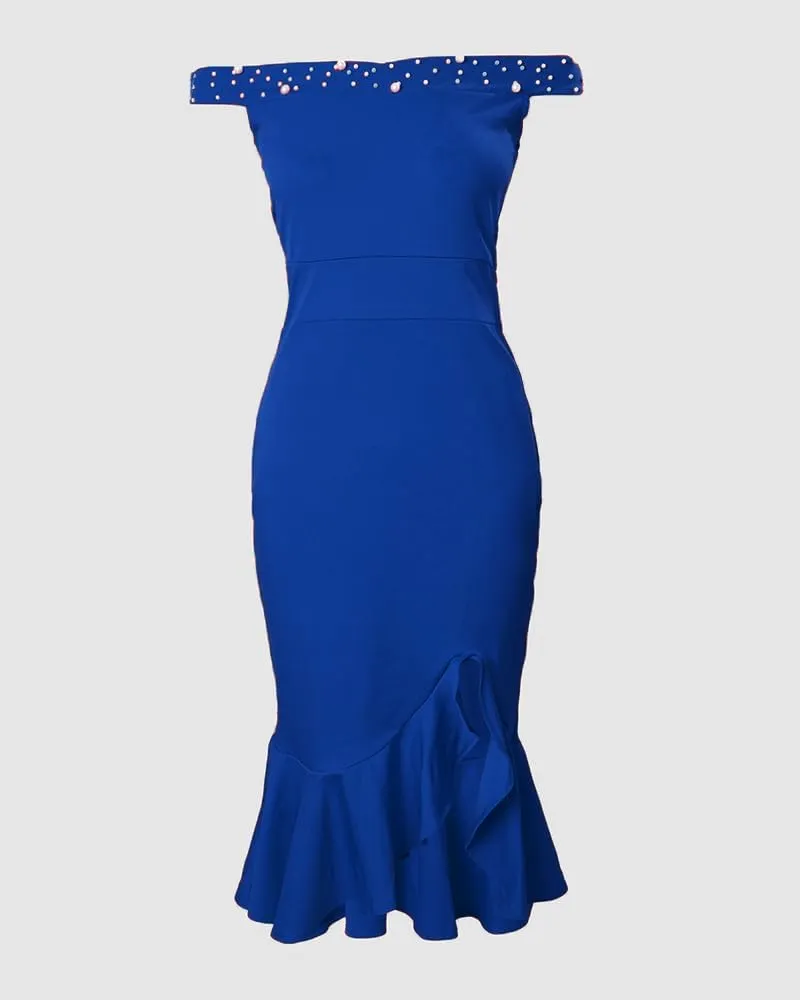Womens Beaded Details Night Out Dress Off The Shoulder Bodycon Dress Ruffle Hem Split Cocktail Party Midi Dresses
