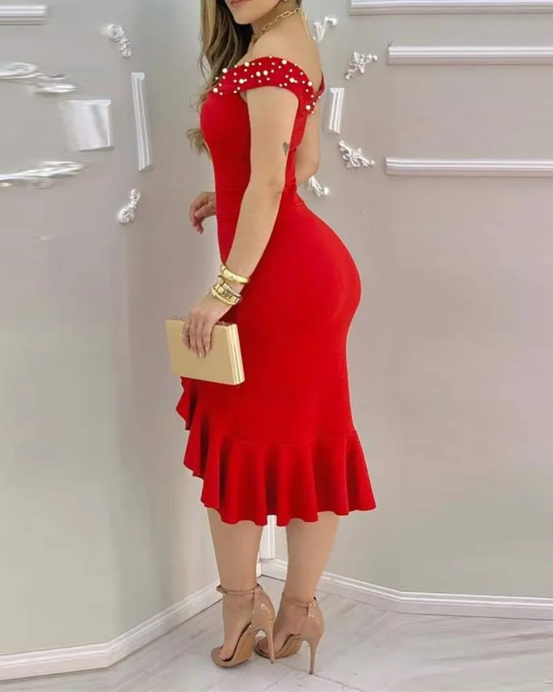 Womens Beaded Details Night Out Dress Off The Shoulder Bodycon Dress Ruffle Hem Split Cocktail Party Midi Dresses
