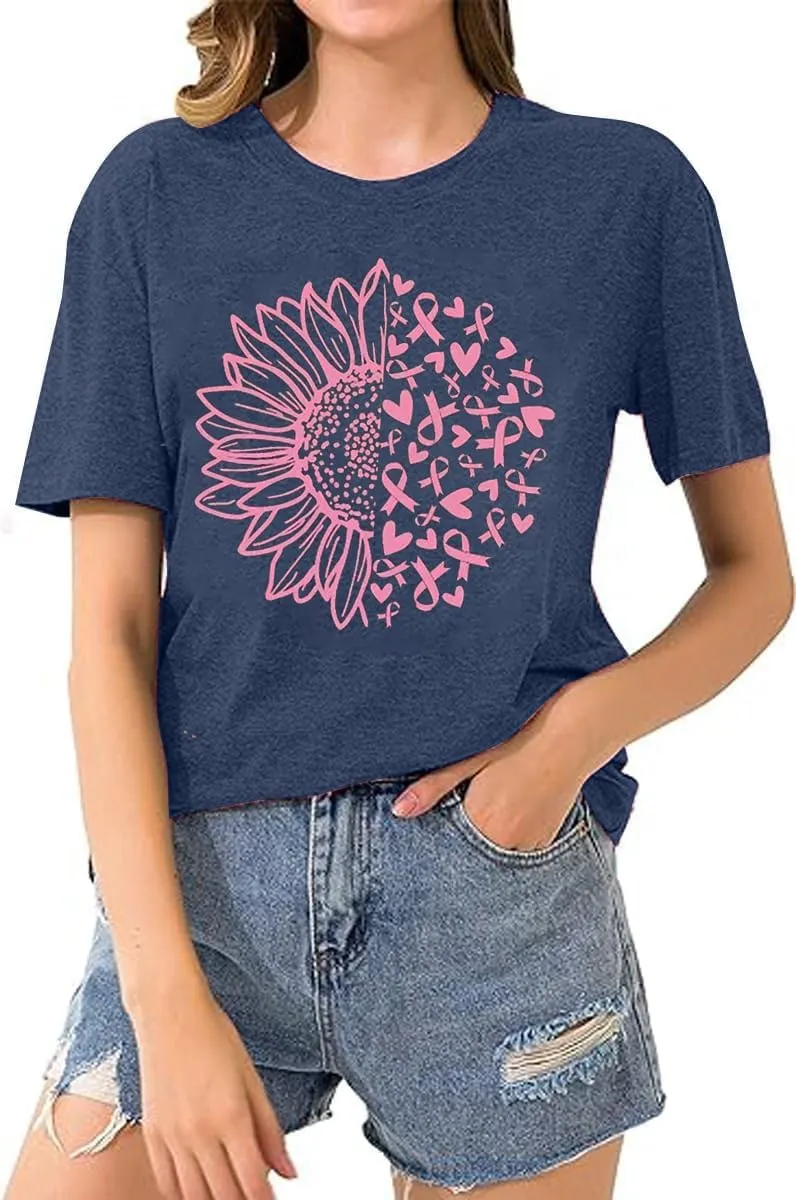 Womens Breast Cancer Awareness T Shirts Cute Love Heart Ribbon Graphic Print Tee Inspirational Short Sleeve Tops