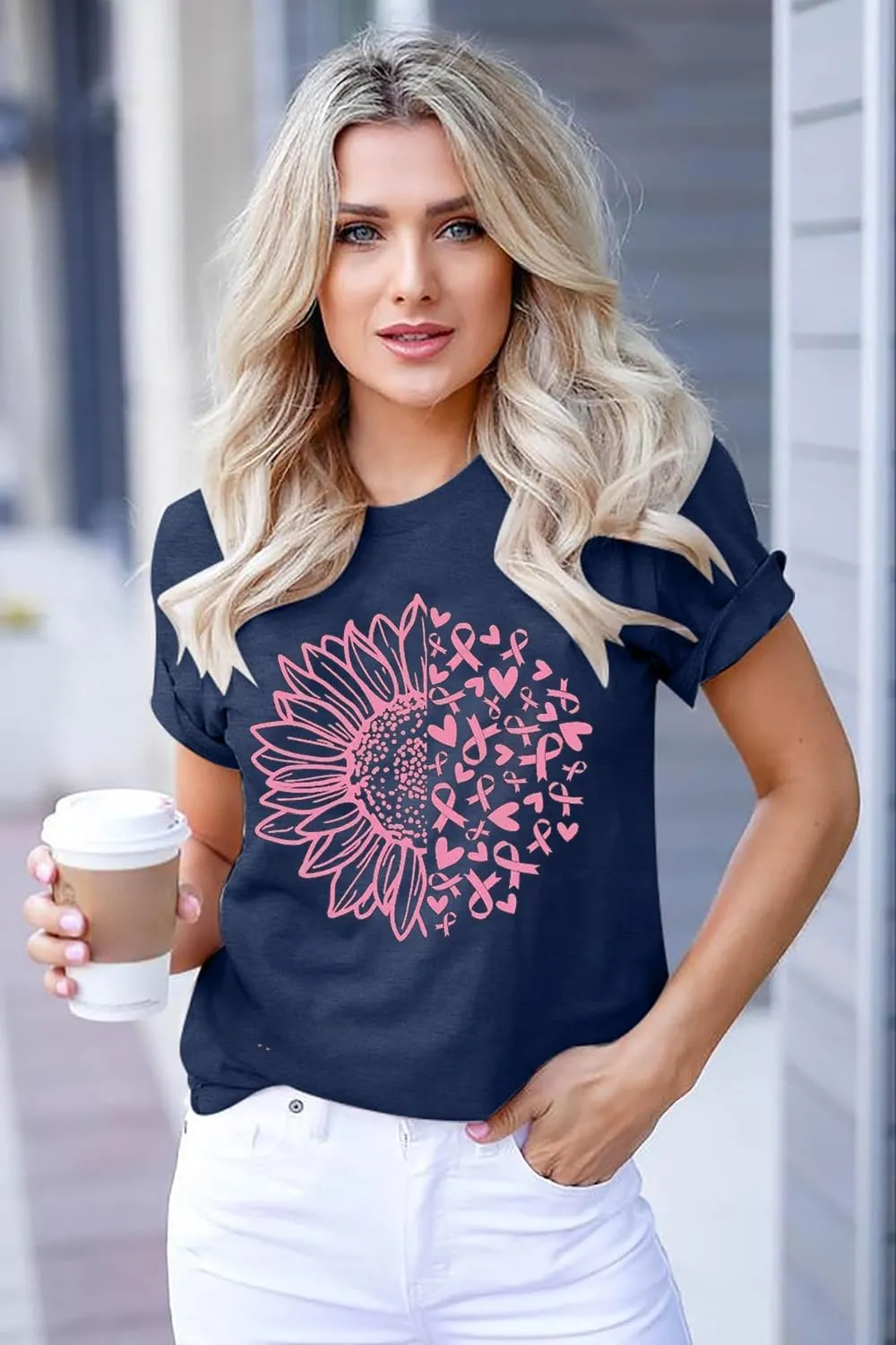 Womens Breast Cancer Awareness T Shirts Cute Love Heart Ribbon Graphic Print Tee Inspirational Short Sleeve Tops