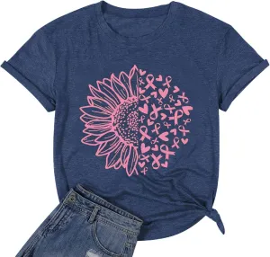 Womens Breast Cancer Awareness T Shirts Cute Love Heart Ribbon Graphic Print Tee Inspirational Short Sleeve Tops