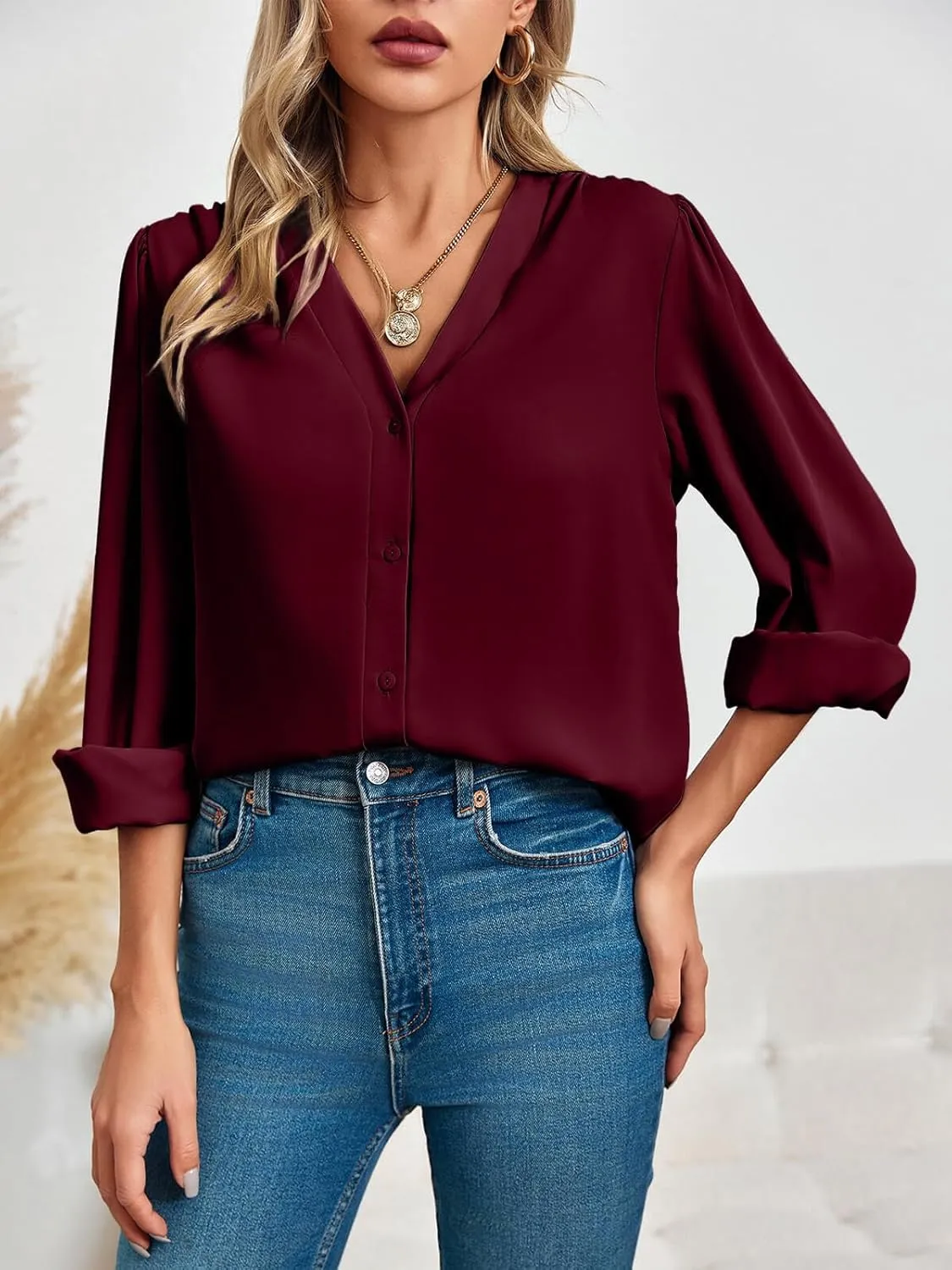 Women's Business Casual Tops Summer Long Sleeve Button Down Shirts V Neck Chiffon Blouses