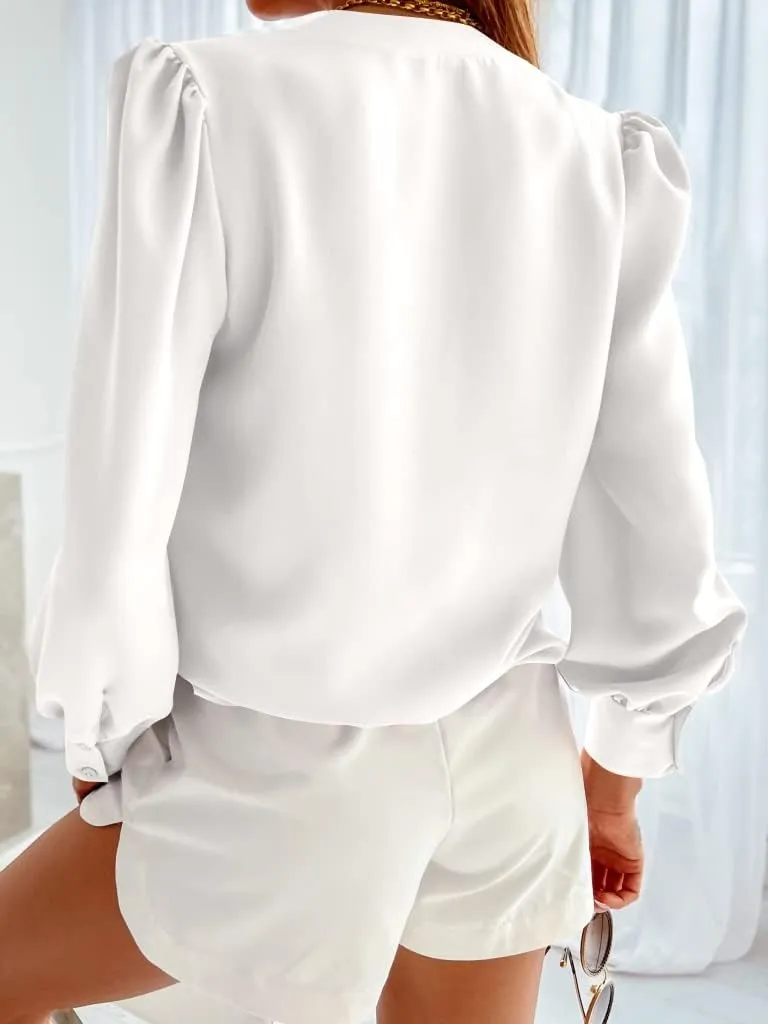 Women's Business Casual Tops Summer Long Sleeve Button Down Shirts V Neck Chiffon Blouses