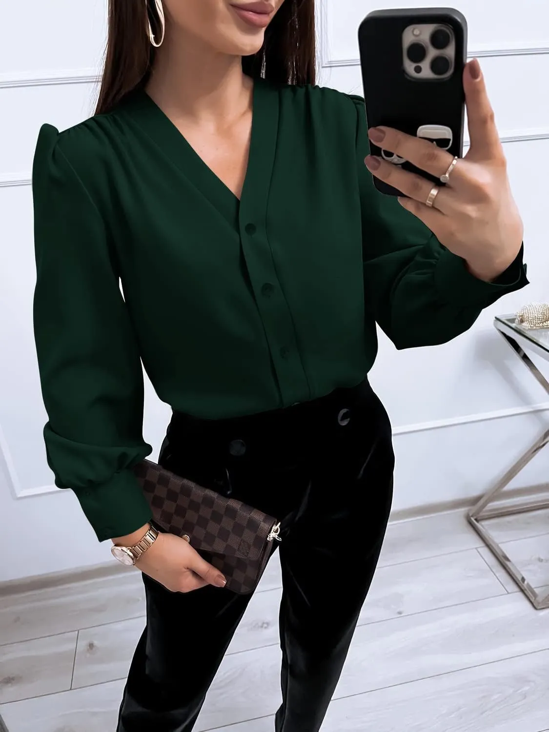 Women's Business Casual Tops Summer Long Sleeve Button Down Shirts V Neck Chiffon Blouses