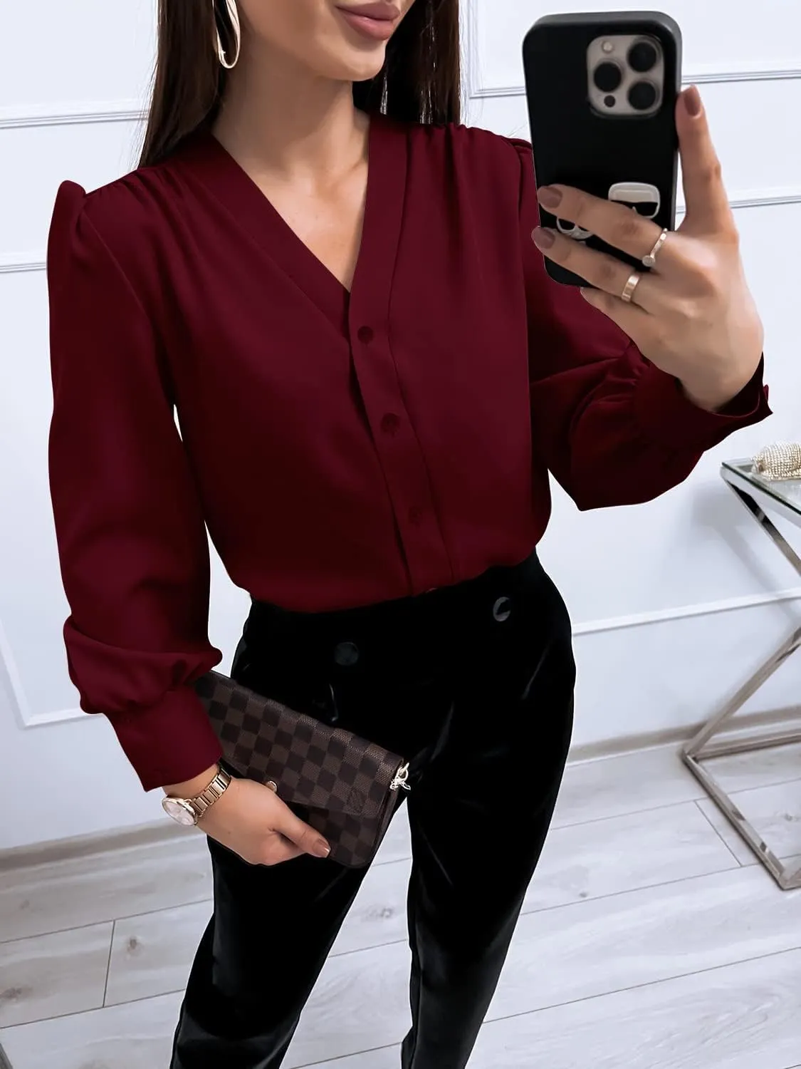 Women's Business Casual Tops Summer Long Sleeve Button Down Shirts V Neck Chiffon Blouses