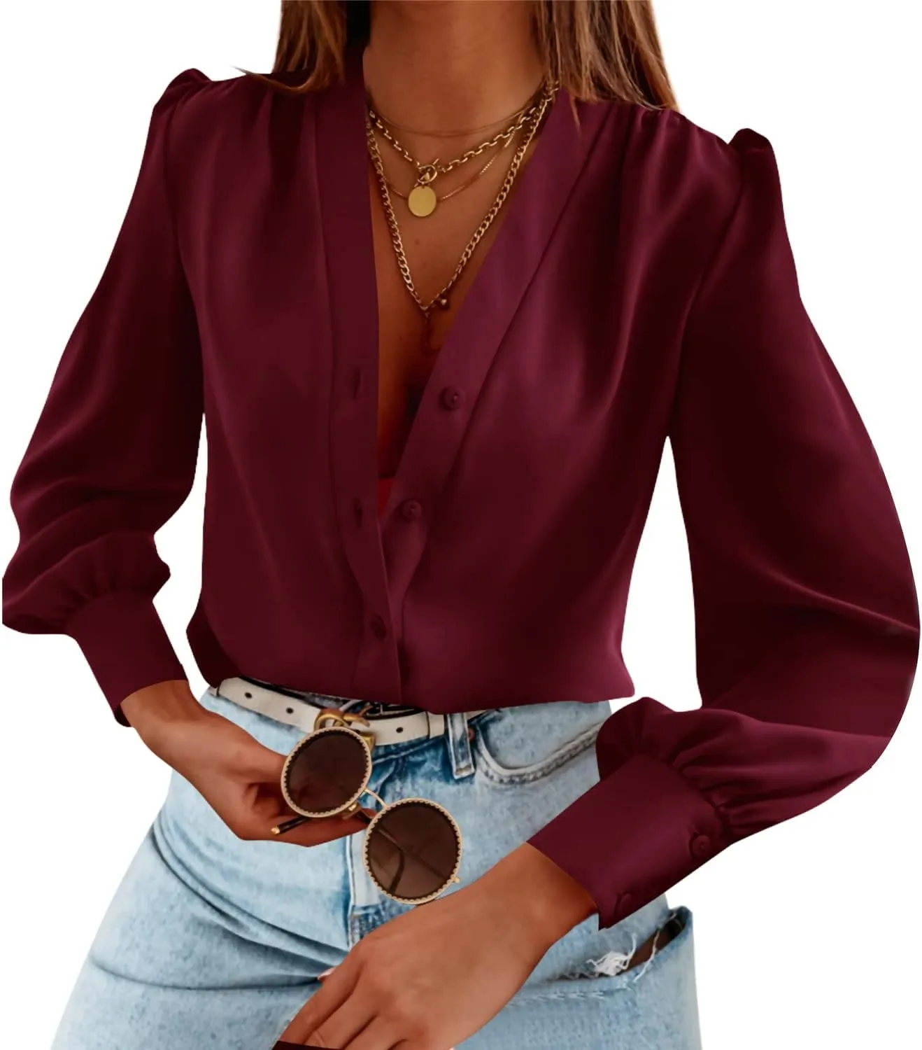 Women's Business Casual Tops Summer Long Sleeve Button Down Shirts V Neck Chiffon Blouses