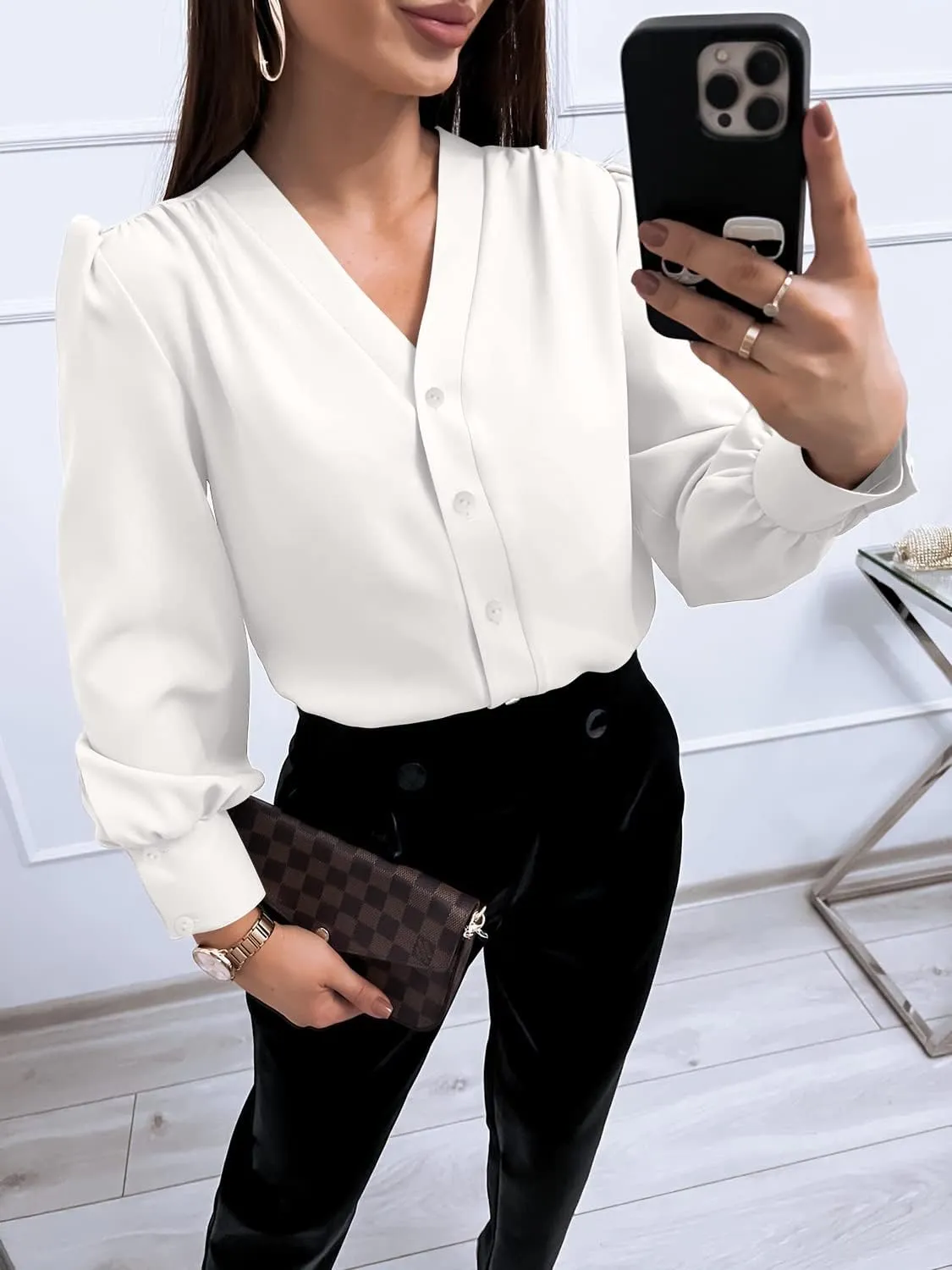 Women's Business Casual Tops Summer Long Sleeve Button Down Shirts V Neck Chiffon Blouses