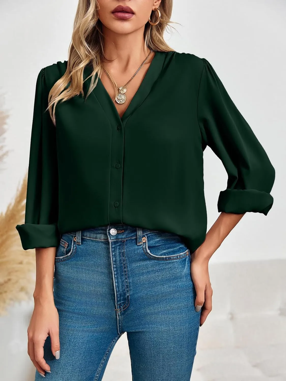 Women's Business Casual Tops Summer Long Sleeve Button Down Shirts V Neck Chiffon Blouses
