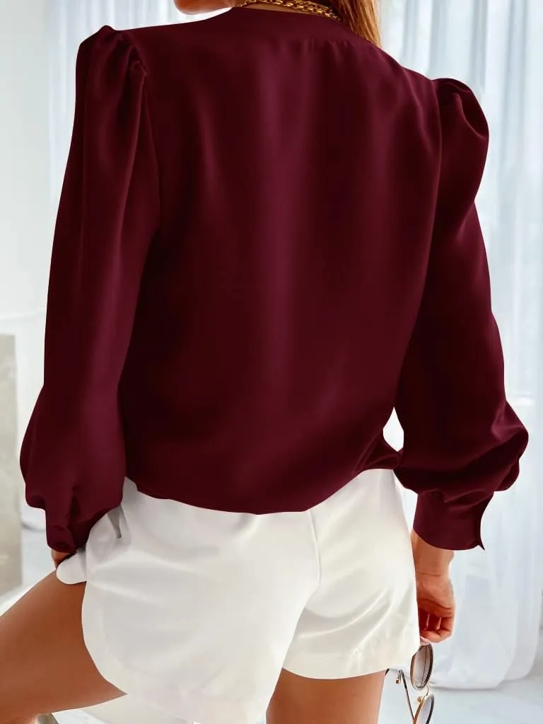 Women's Business Casual Tops Summer Long Sleeve Button Down Shirts V Neck Chiffon Blouses