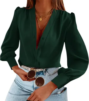 Women's Business Casual Tops Summer Long Sleeve Button Down Shirts V Neck Chiffon Blouses