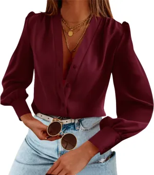 Women's Business Casual Tops Summer Long Sleeve Button Down Shirts V Neck Chiffon Blouses