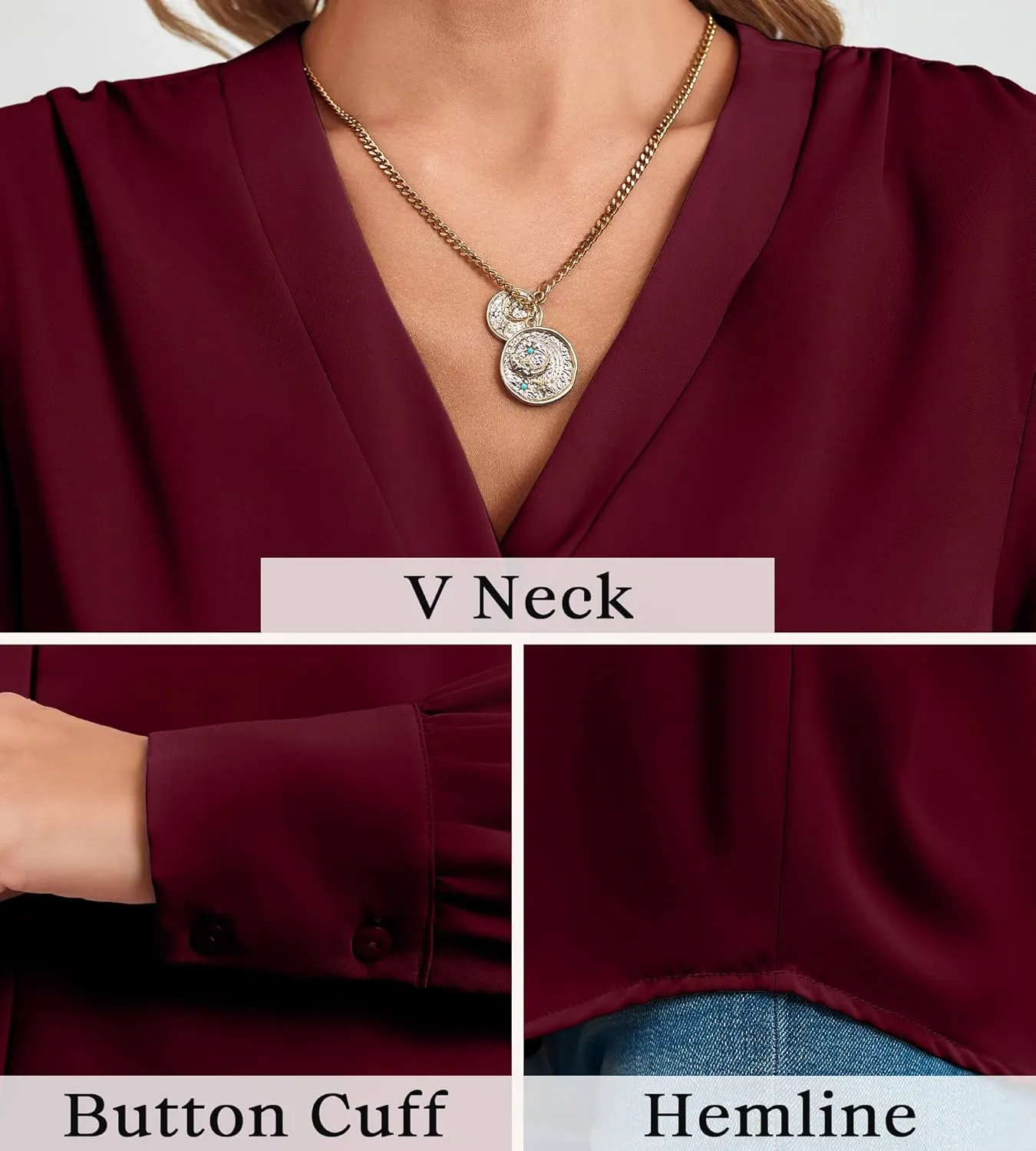 Women's Business Casual Tops Summer Long Sleeve Button Down Shirts V Neck Chiffon Blouses