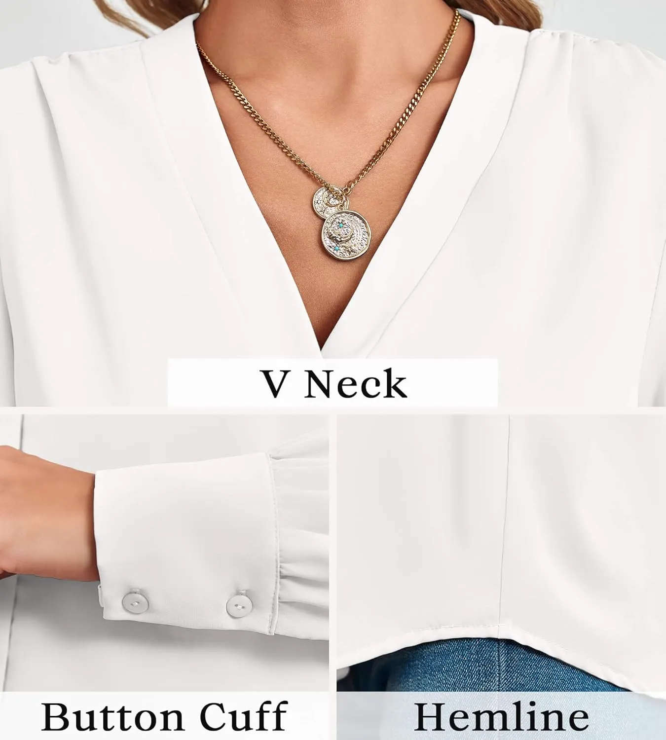 Women's Business Casual Tops Summer Long Sleeve Button Down Shirts V Neck Chiffon Blouses
