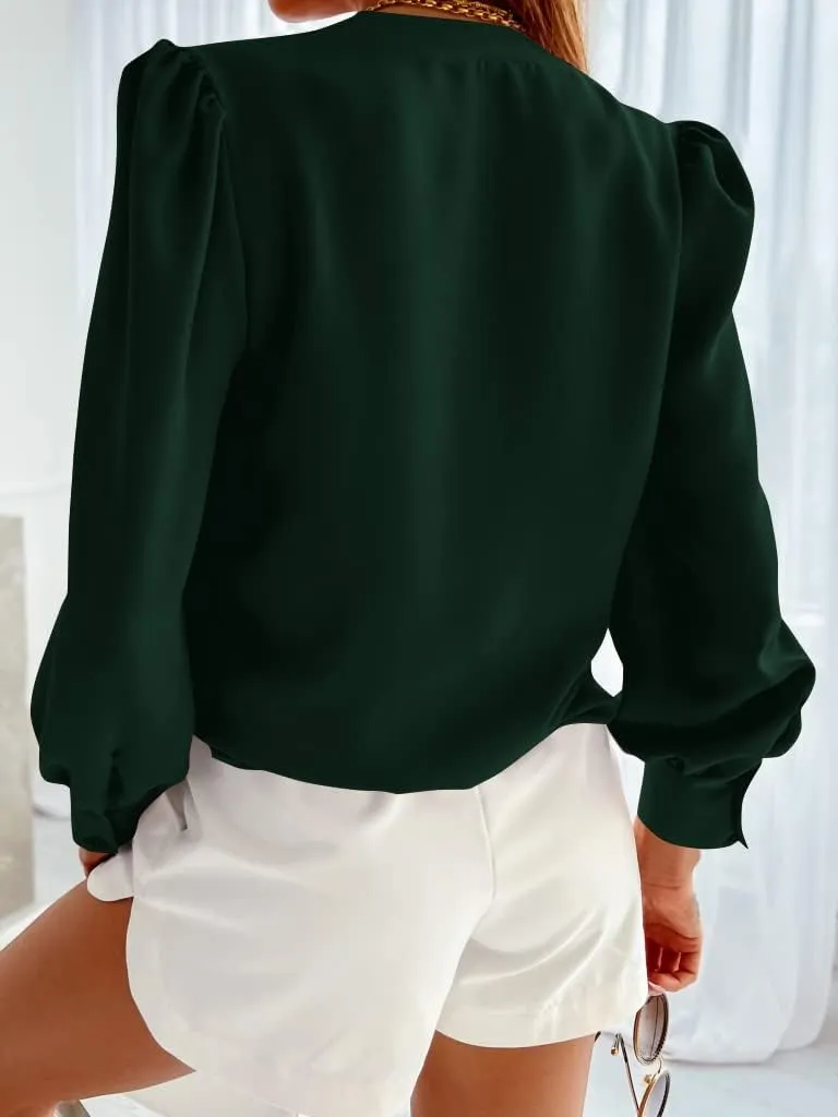 Women's Business Casual Tops Summer Long Sleeve Button Down Shirts V Neck Chiffon Blouses