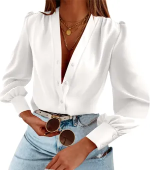 Women's Business Casual Tops Summer Long Sleeve Button Down Shirts V Neck Chiffon Blouses