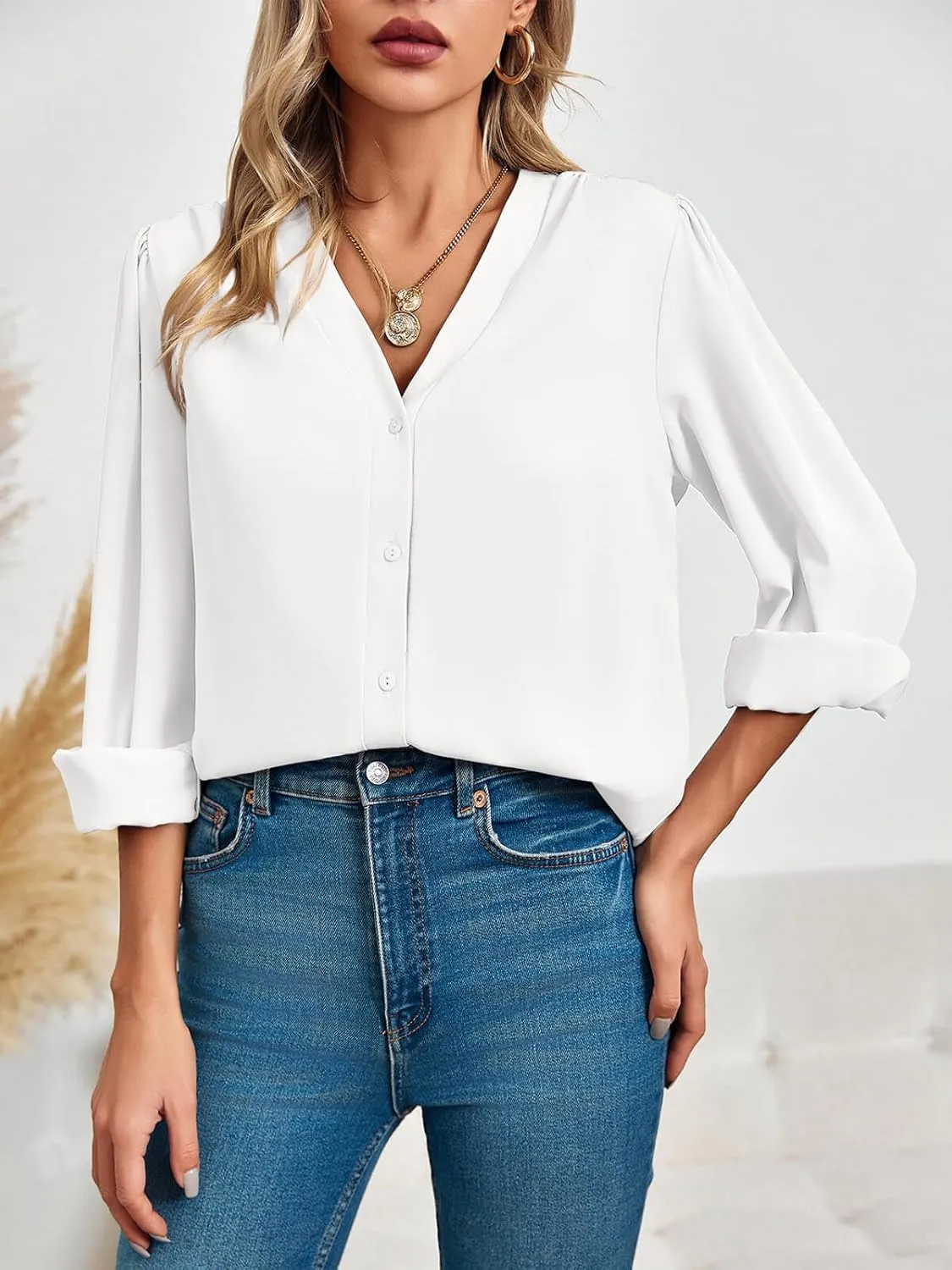 Women's Business Casual Tops Summer Long Sleeve Button Down Shirts V Neck Chiffon Blouses