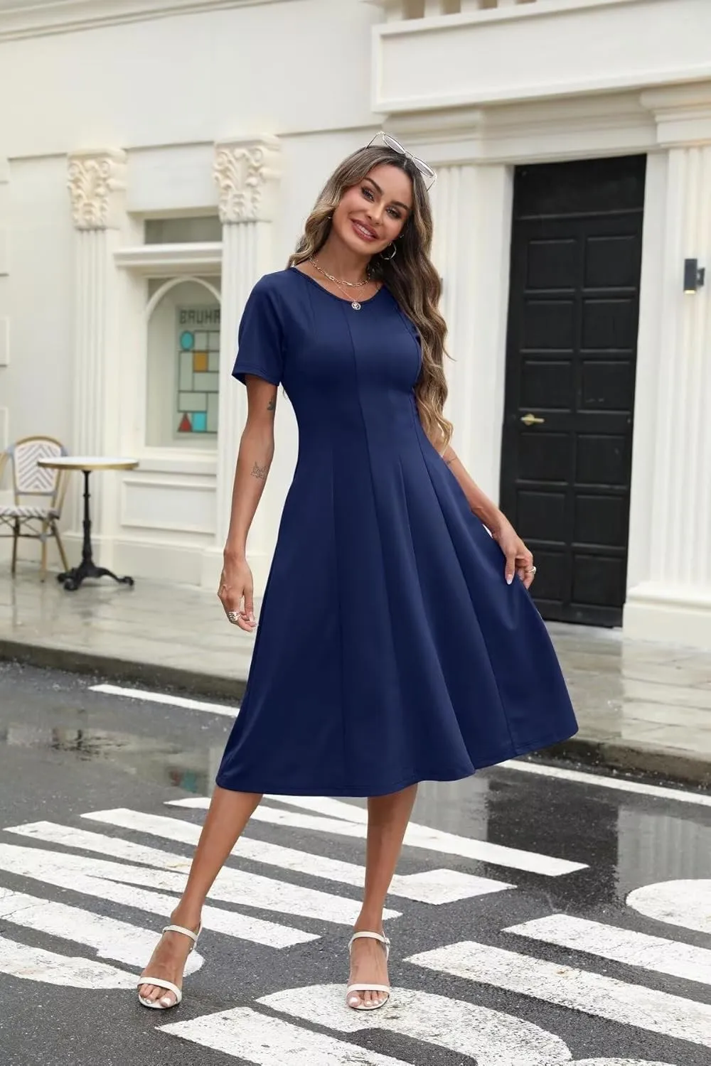 Womens Casual Summer Midi Dress Short Sleeve Pleated Dress Flowy Flare A Line Dresses with Pockets