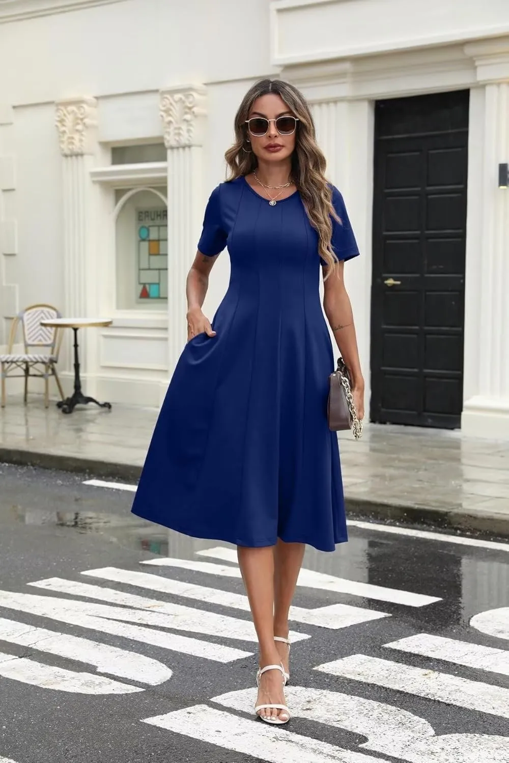 Womens Casual Summer Midi Dress Short Sleeve Pleated Dress Flowy Flare A Line Dresses with Pockets
