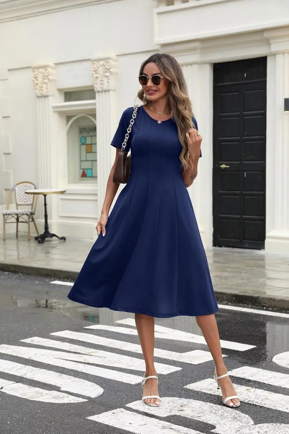 Womens Casual Summer Midi Dress Short Sleeve Pleated Dress Flowy Flare A Line Dresses with Pockets