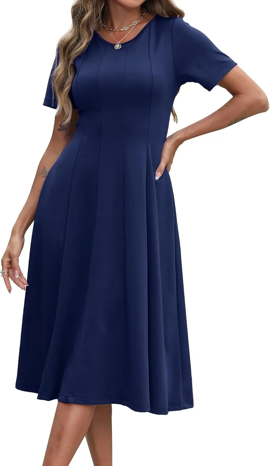Womens Casual Summer Midi Dress Short Sleeve Pleated Dress Flowy Flare A Line Dresses with Pockets