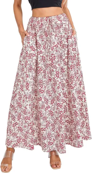 Womens Flowy Maxi Skirt Vintage Floral Print High Waist Elastic A Line Boho Beach Holiday Long Skirts
