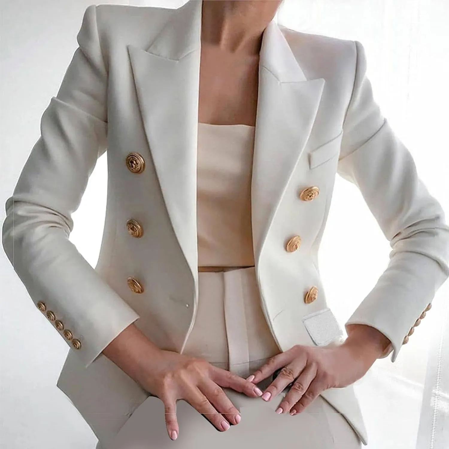 Womens Formal Business Blazer Double Breasted Long Sleeve Work Office Blazer Lapel Open Front Jacket Fall Outwear