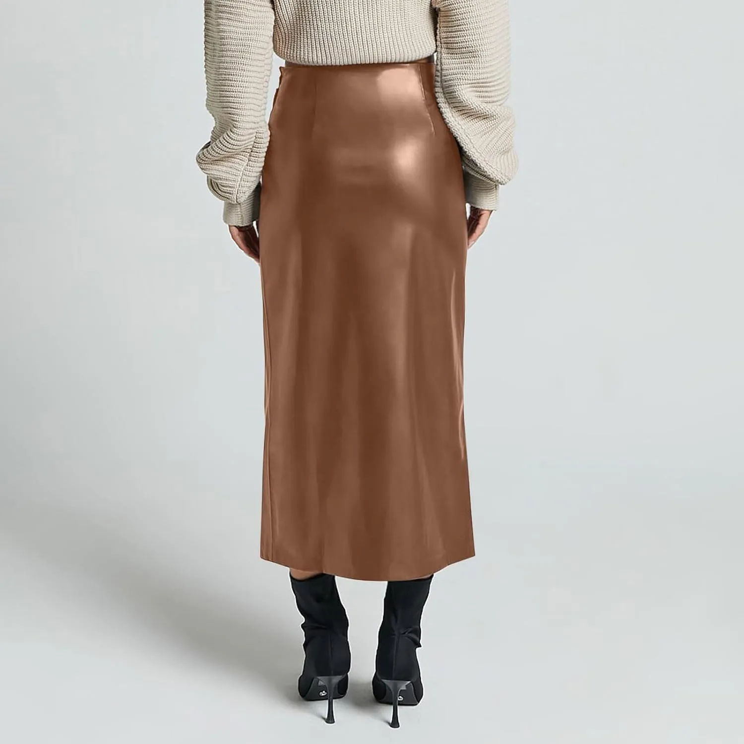 Womens Long Faux Leather Side Slit Skirt Solid Color Bodycon High Waist Slim Pencil Midi Skirt 2025 Trendy