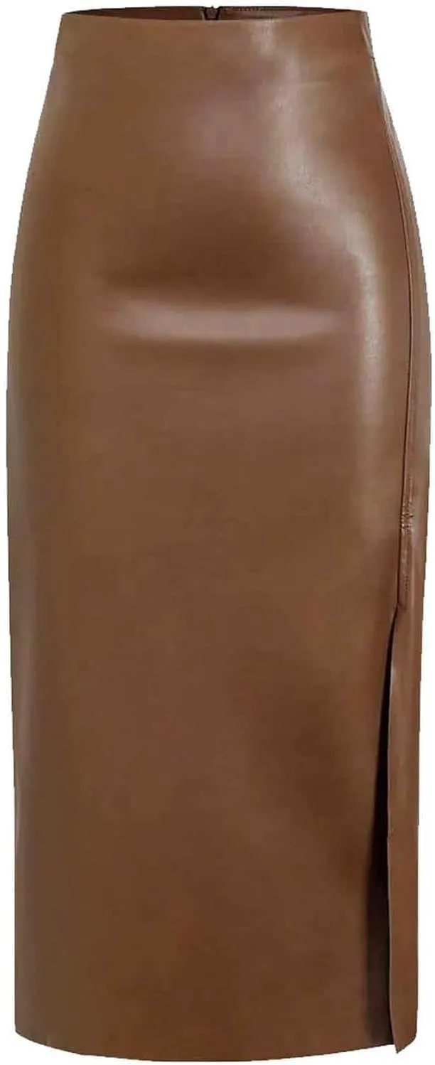 Womens Long Faux Leather Side Slit Skirt Solid Color Bodycon High Waist Slim Pencil Midi Skirt 2025 Trendy