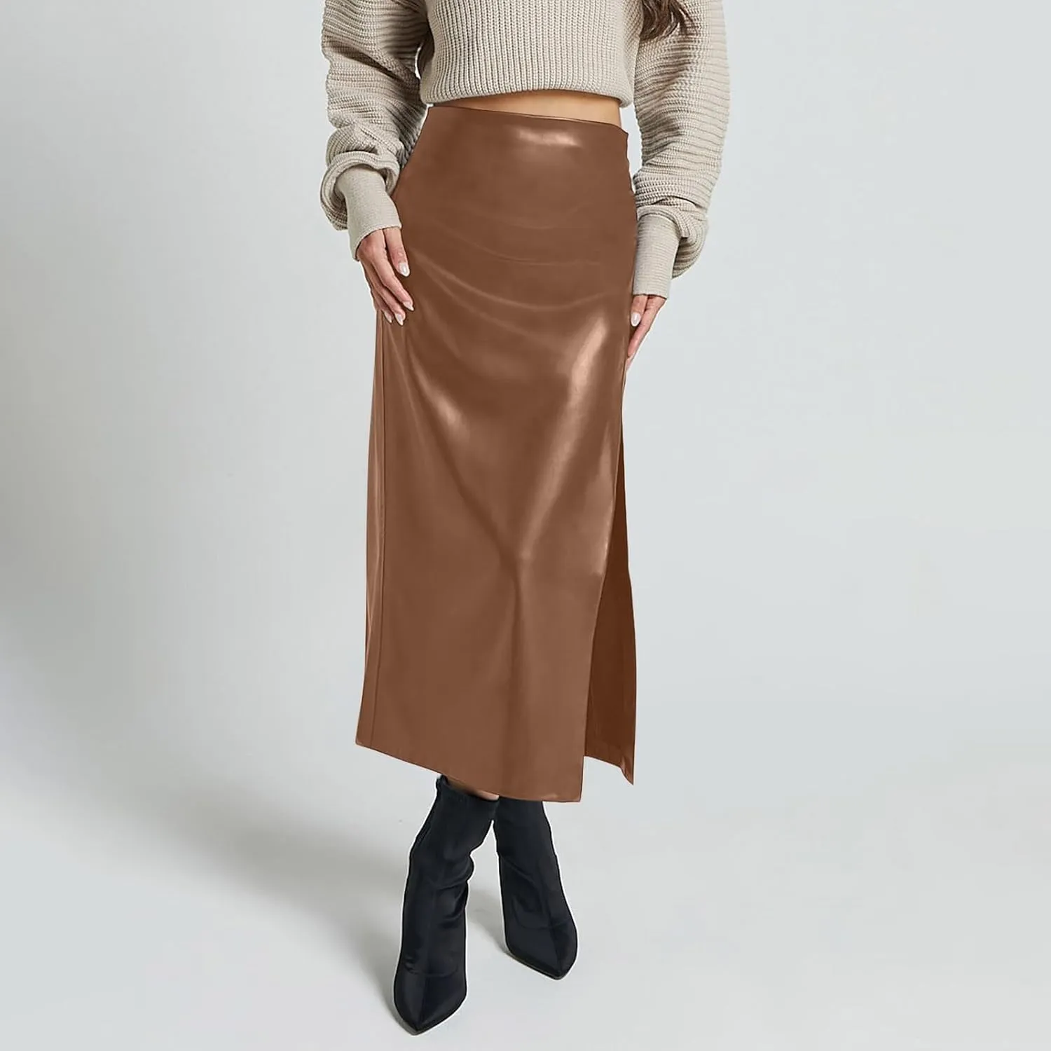 Womens Long Faux Leather Side Slit Skirt Solid Color Bodycon High Waist Slim Pencil Midi Skirt 2025 Trendy