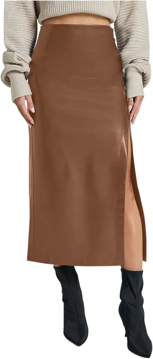 Womens Long Faux Leather Side Slit Skirt Solid Color Bodycon High Waist Slim Pencil Midi Skirt 2025 Trendy